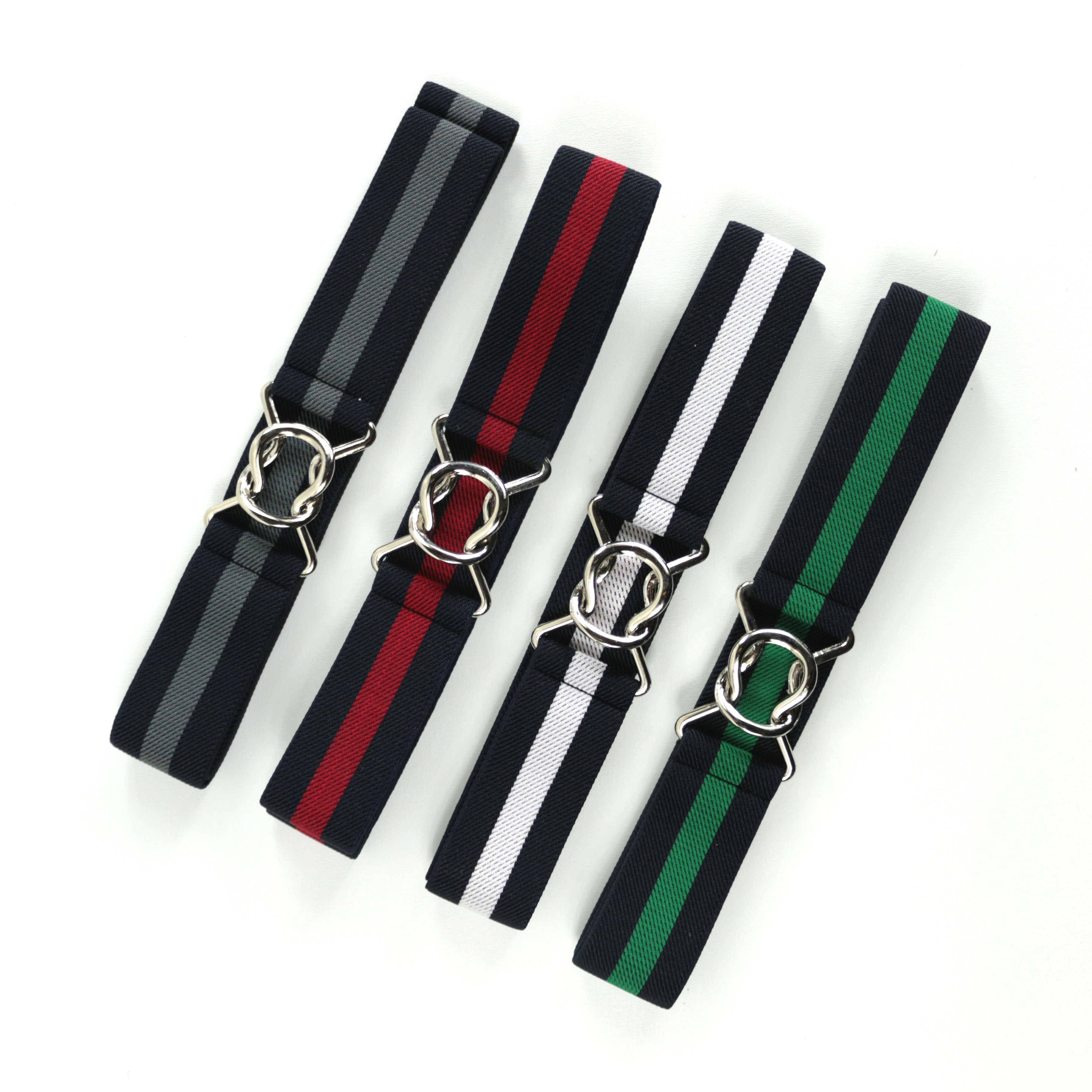 條紋彈性腰帶四色組合，皮革扣頭細節